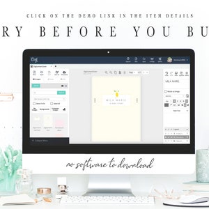 Op de afbeelding: Een computerscherm dat een website toont met een ontwerptemplate voor een babyshower-uitnodiging. De template bevat een gele citroen met een groene steel en de tekst "Mila Marie A Baby Shower". De website heeft een blauw en wit kleurenschema en de tekst "no software to download" wordt onder het scherm weergegeven.