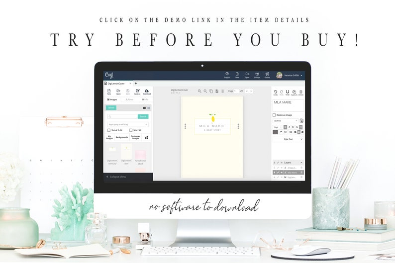 Op de afbeelding: Een computerscherm dat een website toont met een ontwerptemplate voor een babyshower-uitnodiging. De template bevat een gele citroen met een groene steel en de tekst "Mila Marie A Baby Shower". De website heeft een blauw en wit kleurenschema en de tekst "no software to download" wordt onder het scherm weergegeven.