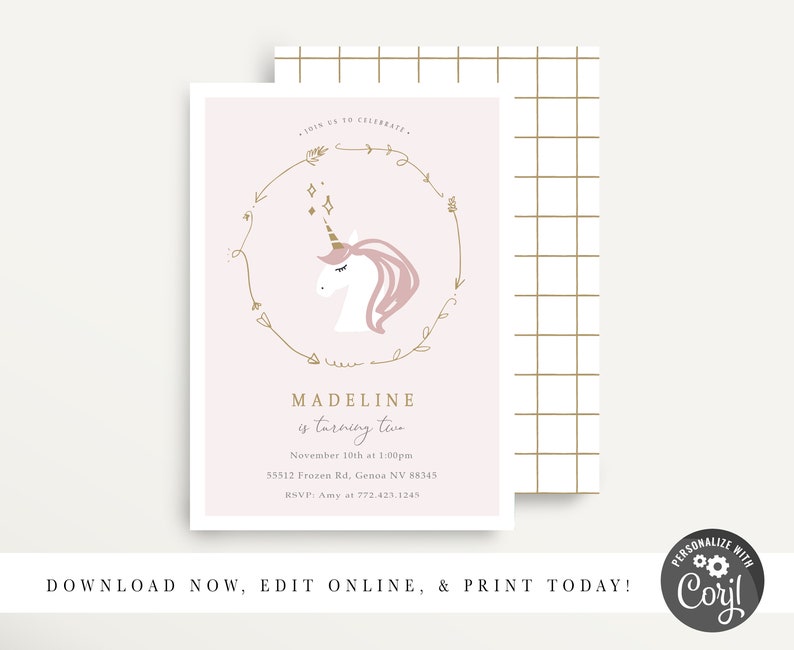 Unicorn Invitation, Modern Unicorn Invite, Unicorn Birthday Invite, Simple Unicorn Decor, Corjl image 2