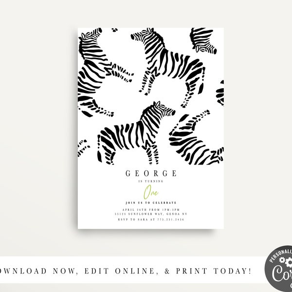 Modern Simple Party Animal Invitation, Wild Animal Party, Zoo Invitation, Safari Birthday, Petting Zoo, Printable Invitation, Corjl, Zebra