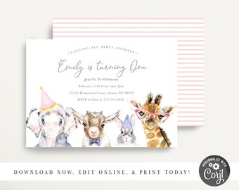 Party Animal Birthday Party Invitation • INSTANT DOWNLOAD • Safari Jungle Animal Birthday Invite • Printable, Girl Party Animal Invite