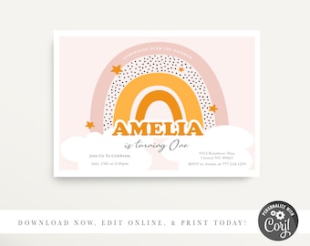 May include: A pink and orange rainbow with black polka dots and yellow stars. The text "Amelia is turning One" is written in a retro font. The invitation includes details for a birthday party, including the date, time, and location. The text "Download Now, Edit Online, & Print Today!" is at the bottom of the invitation.