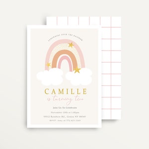 Boho Rainbow First Birthday Invitation Girl, Muted Rainbow Girl 1st Birthday Invitation, Girl First Birthday Invite, Pink Rainbow Party