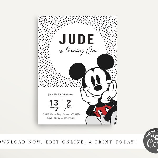 Mickey Mouse Invitation, Printable Mickey Invitation, Modern Mickey Mouse Invitation, Mickey Mouse Birthday, Mickey Decor, Instant Download