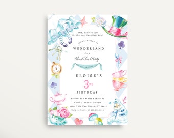 Alice in Wonderland Inspired Invitation, Rabbit, Mad, Hatter, Alice, Birthday, Modern