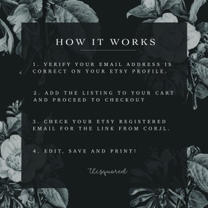 Puede incluir: Un gr&aacute;fico en blanco y negro con acentos florales y texto que dice "HOW IT WORKS". El texto describe los pasos para comprar y descargar una impresi&oacute;n digital: 1. Verifique que su direcci&oacute;n de correo electr&oacute;nico sea correcta en su perfil de Etsy. 2. Agregue el art&iacute;culo a su carrito y contin&uacute;e con el pago. 3. Consulte su correo electr&oacute;nico registrado de Etsy para obtener el enlace de Corjl. 4. Edite, guarde e imprima. El texto "tlesquared" est&aacute; en la parte inferior del gr&aacute;fico.
