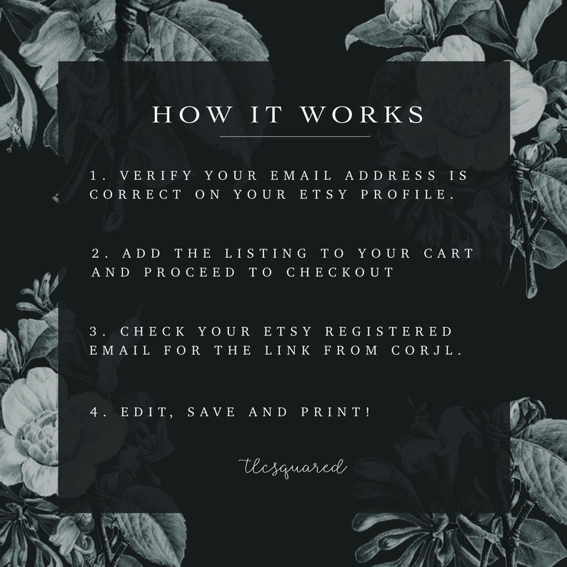 Puede incluir: Un gr&aacute;fico en blanco y negro con acentos florales y texto que dice "HOW IT WORKS". El texto describe los pasos para comprar y descargar una impresi&oacute;n digital: 1. Verifique que su direcci&oacute;n de correo electr&oacute;nico sea correcta en su perfil de Etsy. 2. Agregue el art&iacute;culo a su carrito y contin&uacute;e con el pago. 3. Consulte su correo electr&oacute;nico registrado de Etsy para obtener el enlace de Corjl. 4. Edite, guarde e imprima. El texto "tlesquared" est&aacute; en la parte inferior del gr&aacute;fico.