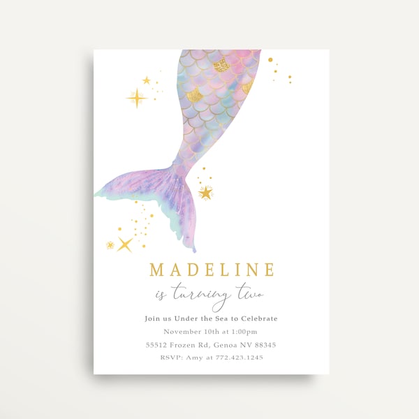 Mermaid Birthday Invitation, Modern Mermaid Invitation, Mermaid Pastels, Mermaid Tail, Printable, Instant Download