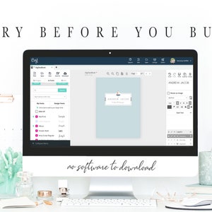 Op de afbeelding: Een computerscherm waarop een website wordt weergegeven met een blauwe en witte ontwerptemplate voor een huwelijksuitnodiging. De tekst "TRY BEFORE YOU BUY!" wordt bovenaan het scherm weergegeven. De tekst "no software to download" wordt onderaan het scherm weergegeven.