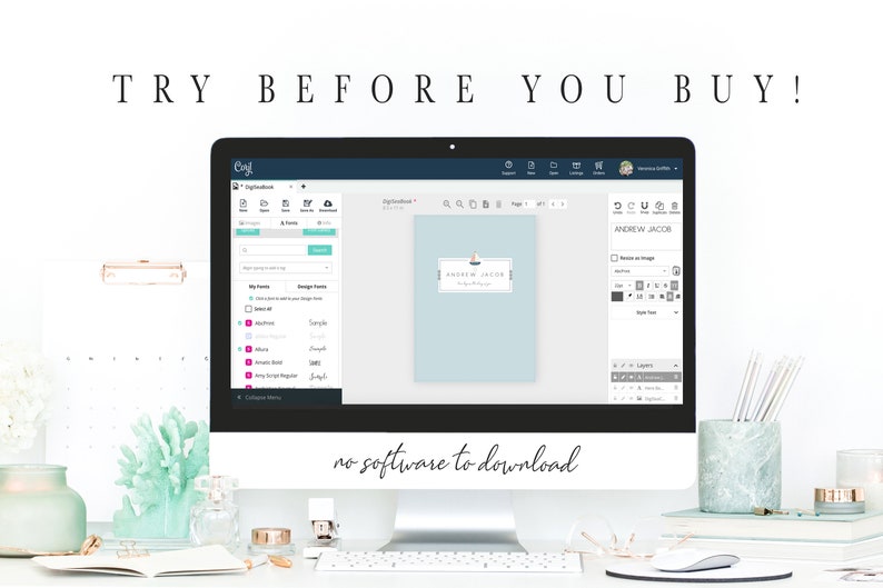 Op de afbeelding: Een computerscherm waarop een website wordt weergegeven met een blauwe en witte ontwerptemplate voor een huwelijksuitnodiging. De tekst "TRY BEFORE YOU BUY!" wordt bovenaan het scherm weergegeven. De tekst "no software to download" wordt onderaan het scherm weergegeven.
