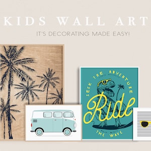 Set of 4 art prints, surfing poster, dinosaur wall art, printable kids room decor, Beach Nursery Decor, Kids Room Decor, Surf Decor