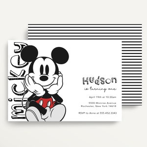 May include: Black and white birthday party invitation featuring Mickey Mouse. The invitation says "Hudson is turning one" with the date and time of the party, address, and RSVP information.