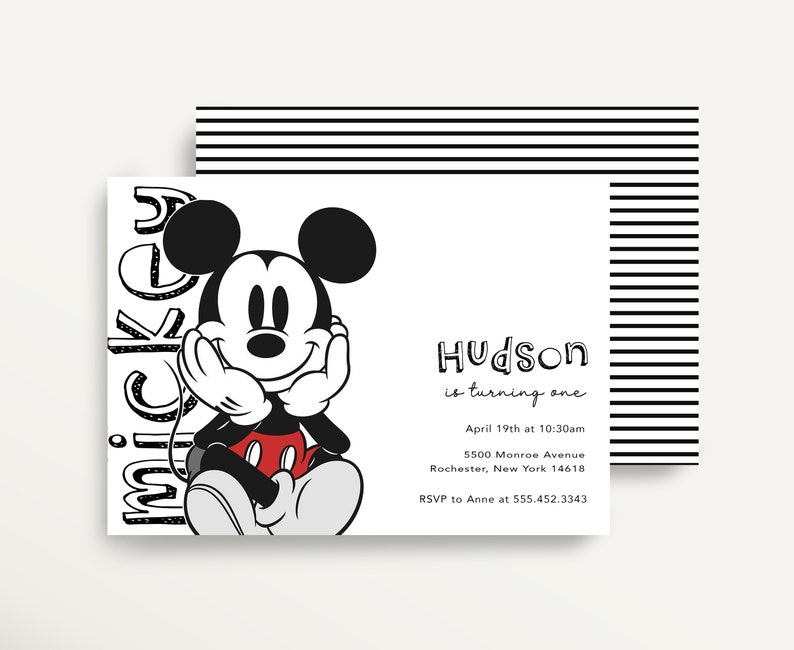 May include: Black and white birthday party invitation featuring Mickey Mouse. The invitation says "Hudson is turning one" with the date and time of the party, address, and RSVP information.