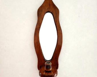 Vintage Colonial Wood Wall Sconce Mirror Brass Candle Shelf Early American Wall Decor