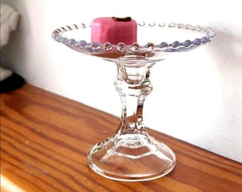 Vintage Glass Pedestal Cake Stand Candlewick Beaded Rim Dessert Compote Small Display Dish