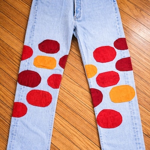 Upcycled Levi’s 501 Jeans Made USA Tomato Applique Hand Sewn Cottagecore Straight Leg Denim