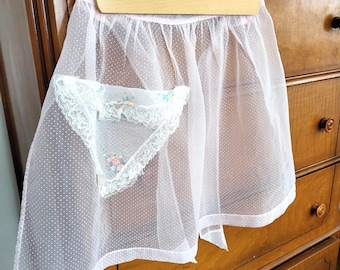 Vintage 1950s Sheer Apron Hostess Pink Organza With Floral Pocket