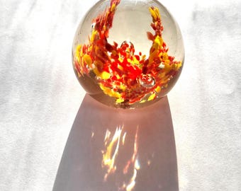 Vintage Colorful Art Glass Orb Paperweight Red Yellow Swirl Sphere 2.5 Inch Decor