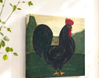 Original Rooster Painting Folk Art Black Chicken Acrylic on Canvas Farmhouse Wall Decor