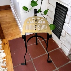 Vintage Brass Fireplace Trivet Wrought Iron Plant Stand Wood Handle Hearth Cottage Decor