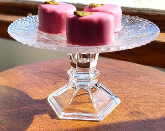 Vintage Pressed Glass Cake Stand Pedestal Dessert Plate Clear Pattern Small 6 Inch