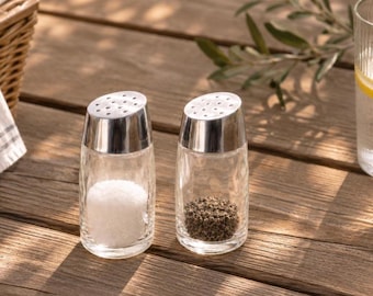 Vintage Clear Glass Salt & Pepper Shakers Replacement Set Chrome Look Plastic Lids 3.5 Inch