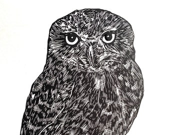 Little Owl - limited edition linocut print, original artwork on Sunome Senaka paper