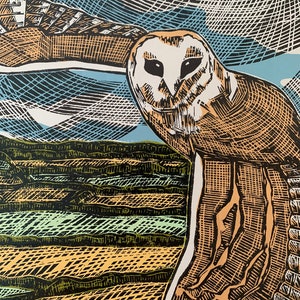 Hushwing - Barn Owl Flying High - limited edition linocut print, original artwork on Sunome Senaka 52gsm paper