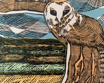 Hushwing - Barn Owl Flying High - limited edition linocut print, original artwork on Sunome Senaka 52gsm paper
