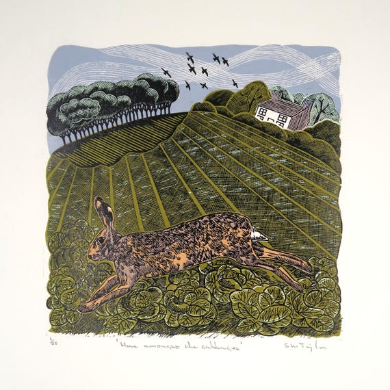 Hare Amongst The Cabbages - limited edition linocut print, original artwork on Shiramine Select 110gsm paper
