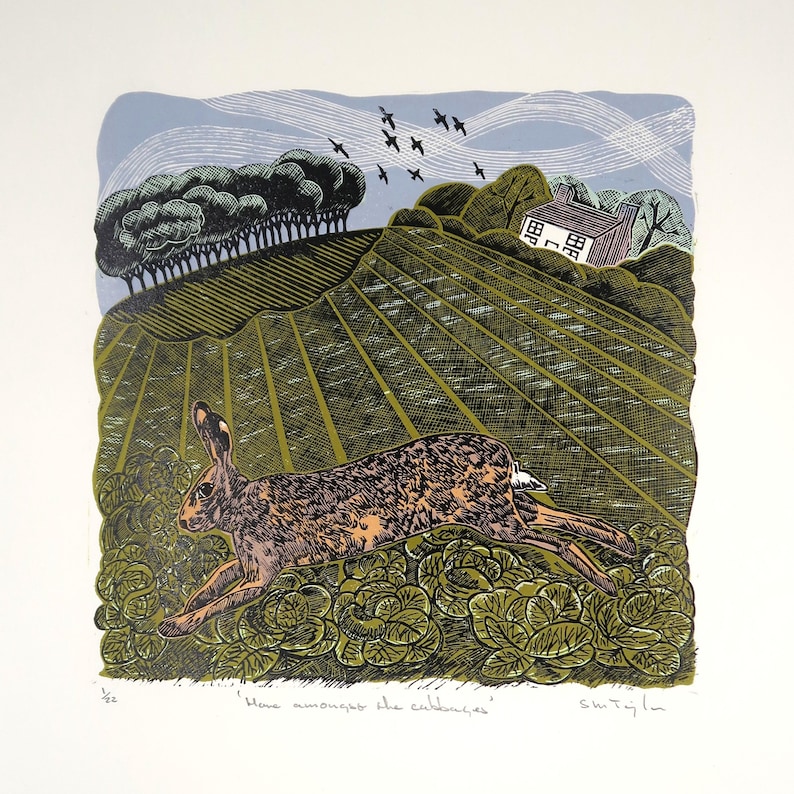 Hare Amongst The Cabbages - limited edition linocut print, original artwork on Shiramine Select 110gsm paper image 1