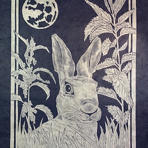 Hare by moonlight - limited edition linocut print, original artwork, silver on blue handmade Himalayan Lokta paper