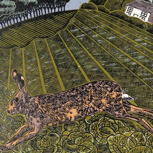 Hare Amongst The Cabbages - limited edition linocut print, original artwork on Shiramine Select 110gsm paper image 3
