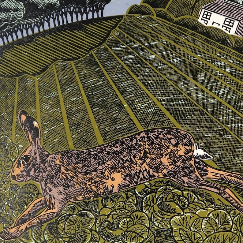 Hare Amongst The Cabbages - limited edition linocut print, original artwork on Shiramine Select 110gsm paper image 3