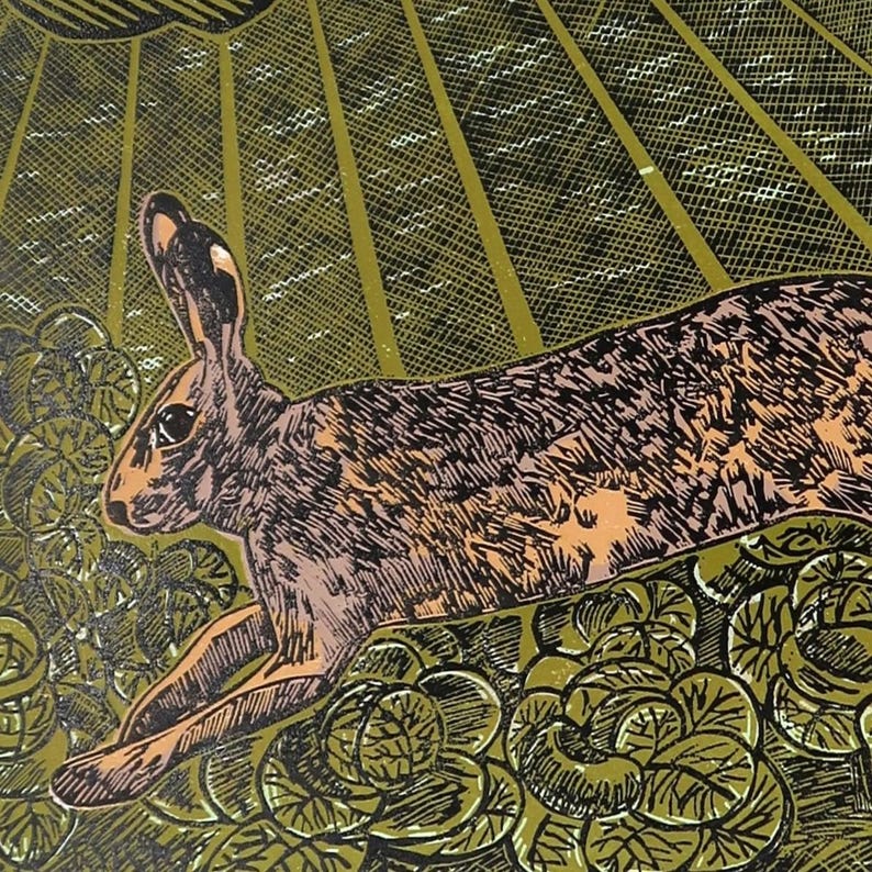 Hare Amongst The Cabbages - limited edition linocut print, original artwork on Shiramine Select 110gsm paper image 4