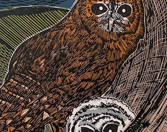 Tawny Owl and Young - limited edition linocut print, original artwork on Sunome Senaka 52gsm paper