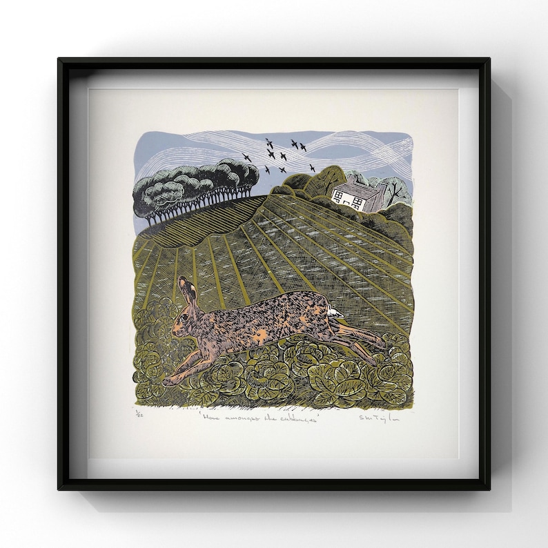 Hare Amongst The Cabbages - limited edition linocut print, original artwork on Shiramine Select 110gsm paper image 5