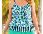 XL Two Piece Open Back Printed Blouson Tankini Set Women swimwear Bathing Suit 1XL
