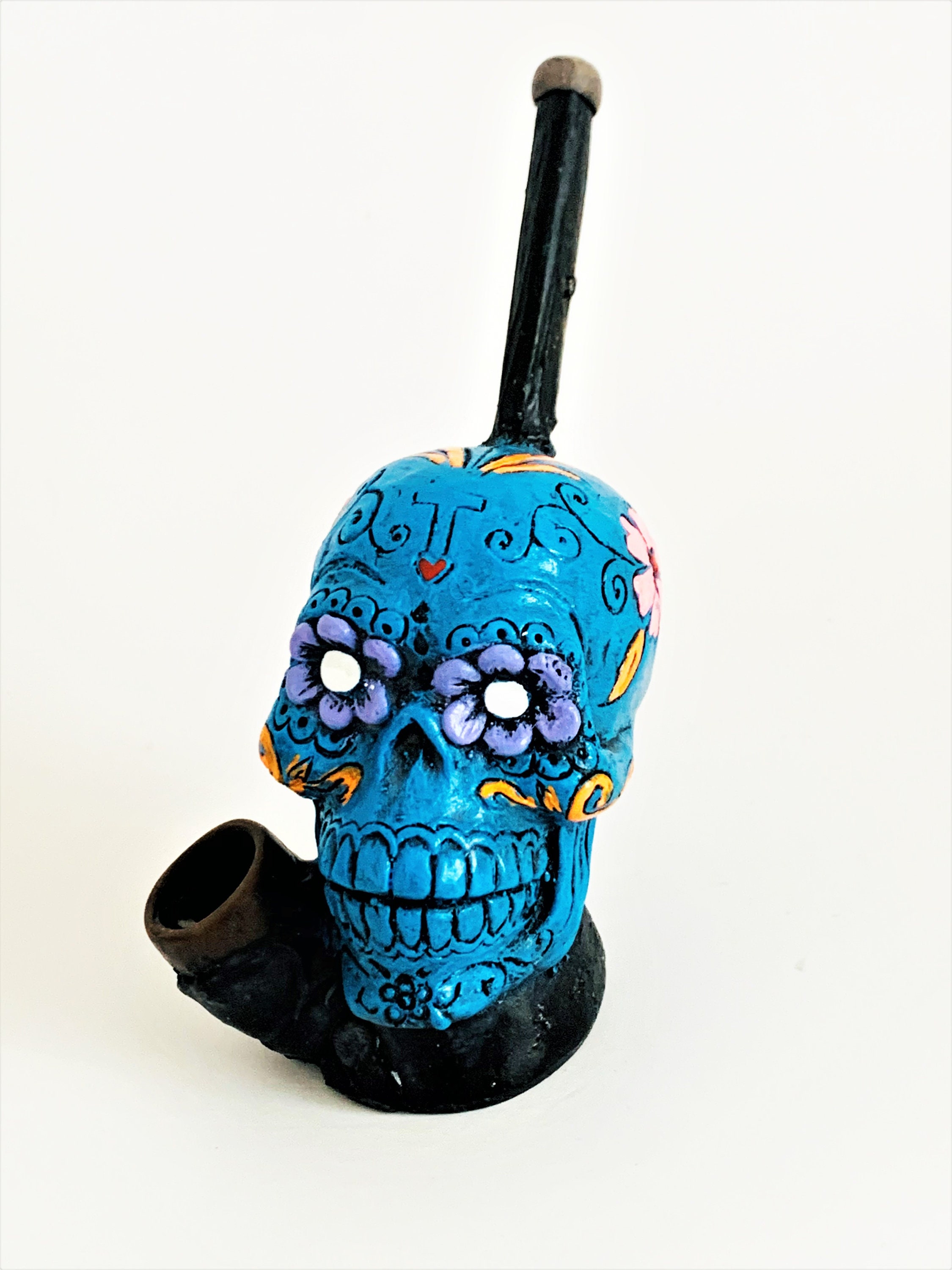 Blue Sugar Skull Tobacco Smoking Pipes Large Pipe Handmade Etsy