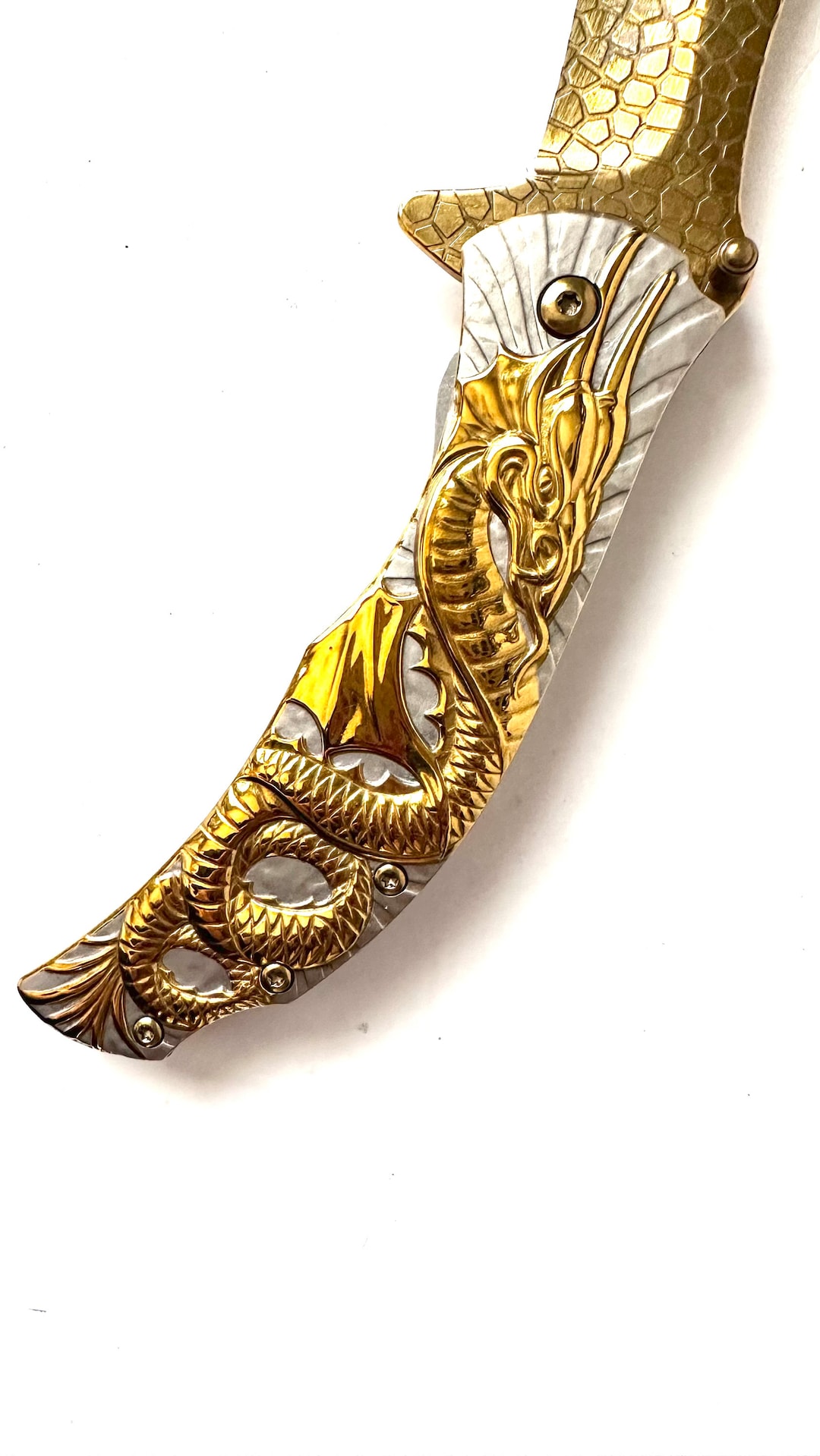 Engraved Flying Dragon Collectible Knife Stainless Steel Titanium Gold ...