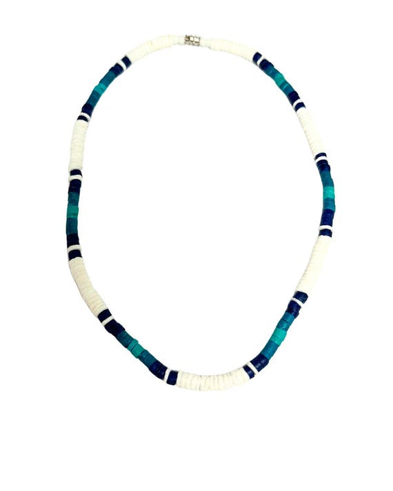 Puka Shell & Coconut Shell Beads Men Necklace Beach Surfer Blue and white