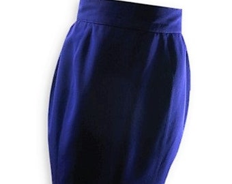 May include: A dark blue skirt with a straight, fitted silhouette. The skirt is made of a smooth, silky fabric.
