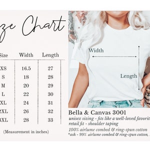 K&ouml;nnte beinhalten: Gr&ouml;&szlig;entabelle f&uuml;r Bella + Canvas 3001 Unisex-T-Shirts, die die Breite und L&auml;nge in Zoll f&uuml;r die Gr&ouml;&szlig;en XS bis 3XL angibt. Die Tabelle enth&auml;lt Informationen &uuml;ber die Stoffzusammensetzung: 100 % Airlume-gek&auml;mmte und ringgesponnene Baumwolle, mit Ausnahme der Farbe Asche, die aus 99 % Airlume-gek&auml;mmter und ringgesponnener Baumwolle und 1 % Polyester besteht.