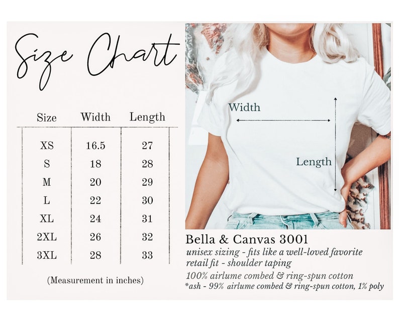 K&ouml;nnte beinhalten: Gr&ouml;&szlig;entabelle f&uuml;r Bella + Canvas 3001 Unisex-T-Shirts, die die Breite und L&auml;nge in Zoll f&uuml;r die Gr&ouml;&szlig;en XS bis 3XL angibt. Die Tabelle enth&auml;lt Informationen &uuml;ber die Stoffzusammensetzung: 100 % Airlume-gek&auml;mmte und ringgesponnene Baumwolle, mit Ausnahme der Farbe Asche, die aus 99 % Airlume-gek&auml;mmter und ringgesponnener Baumwolle und 1 % Polyester besteht.