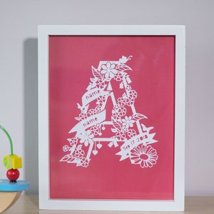 Personalised First Initial Wall Art | Floral Design Paper Cut | New Baby Gift | Children’s Bedroom Decor