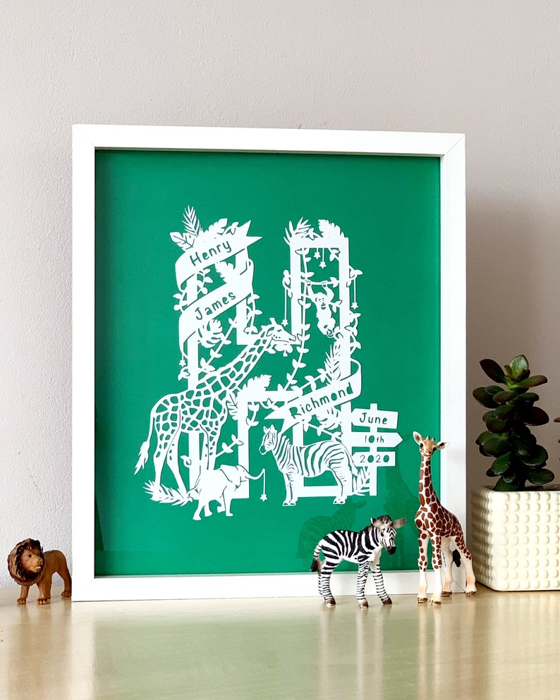 Personalised baby gifts Paper cut art Safari theme Full Name Birth Date Baby gift ideas Wall art Home decor Handmade gifts image 4