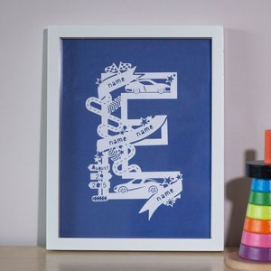 Personalised first initial | Car racing theme paper cut | Papercut Gift | Newborn Present | New Parent Gift | Personalised Paper Cut