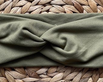 army green twist headband- boho, headband, handmade, double-brushed poly, green, dark green, army green, solid color, solid