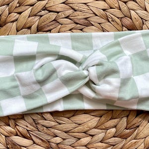sprawdź mnie jasnozielona opaska skręcana na głowę - boho, opaska na głowę, DBP, ręcznie robiona, kratka, kratka, zielony, szałwiowozielony, biały