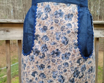 Vintage Style Ladies Half Apron with Denim and flowers/navy rick rack